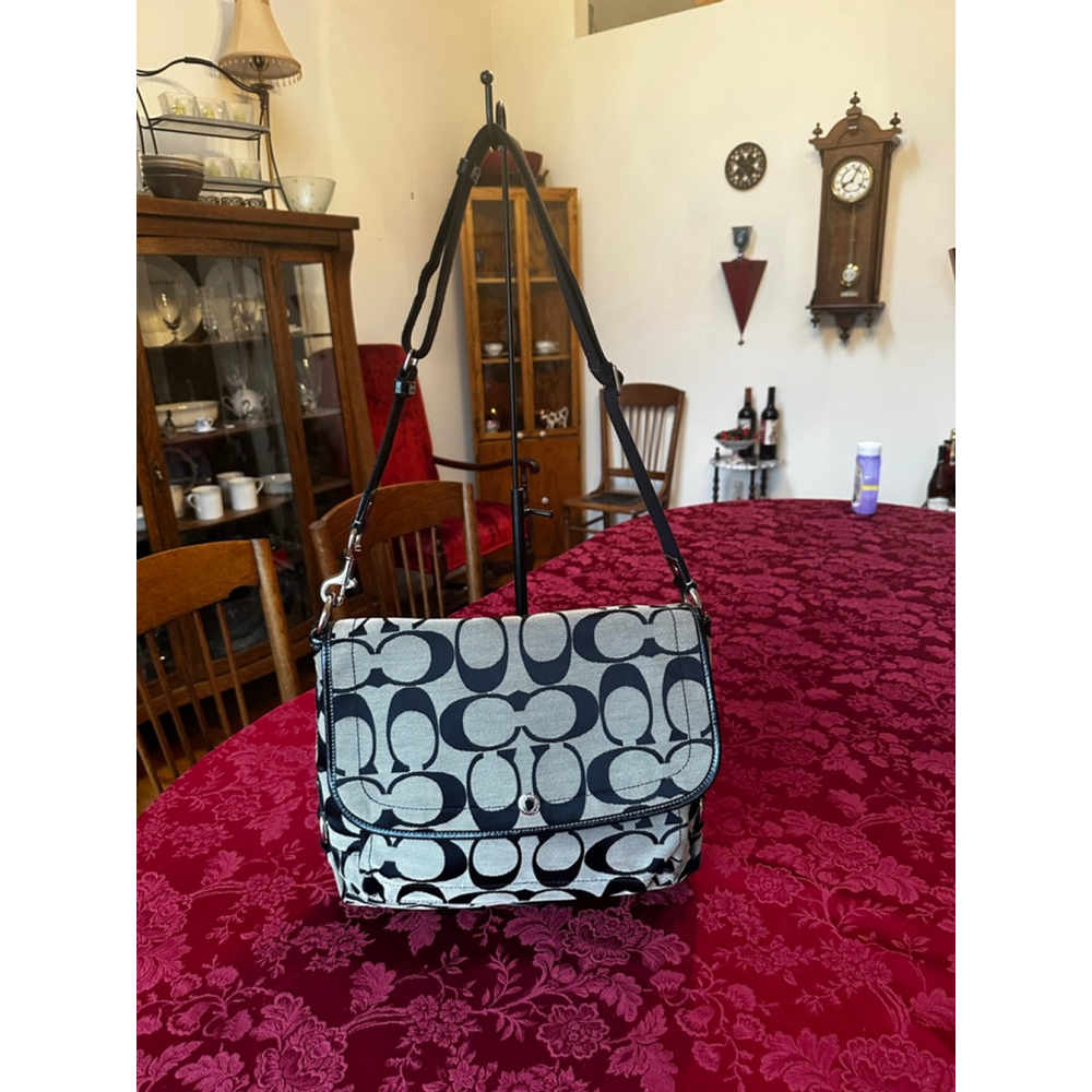 Coach Black & Beige Leather & Sig Canvas Messenger Shoulder / Crossbody Bag - Picture 2 of 16